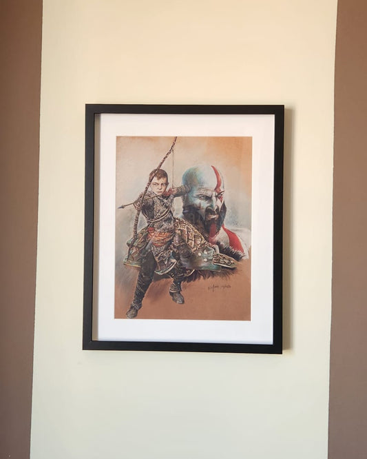 Cadre en Bois : Kratos et Atreus